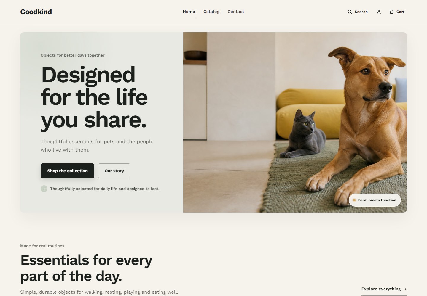 Goodkind storefront showing a dog and cat beside an editorial headline