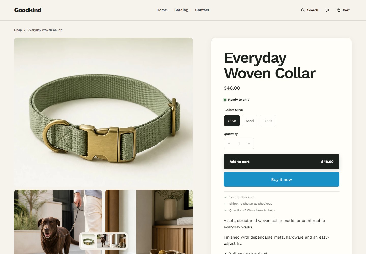 Goodkind product page showing product media, variants, quantity and buy buttons